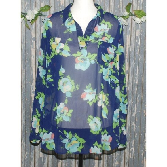 Liz Claiborne Women's Blue Floral Sheer Blouse Top Plus Size 1X V-Neck Long Slee - Picture 1 of 7